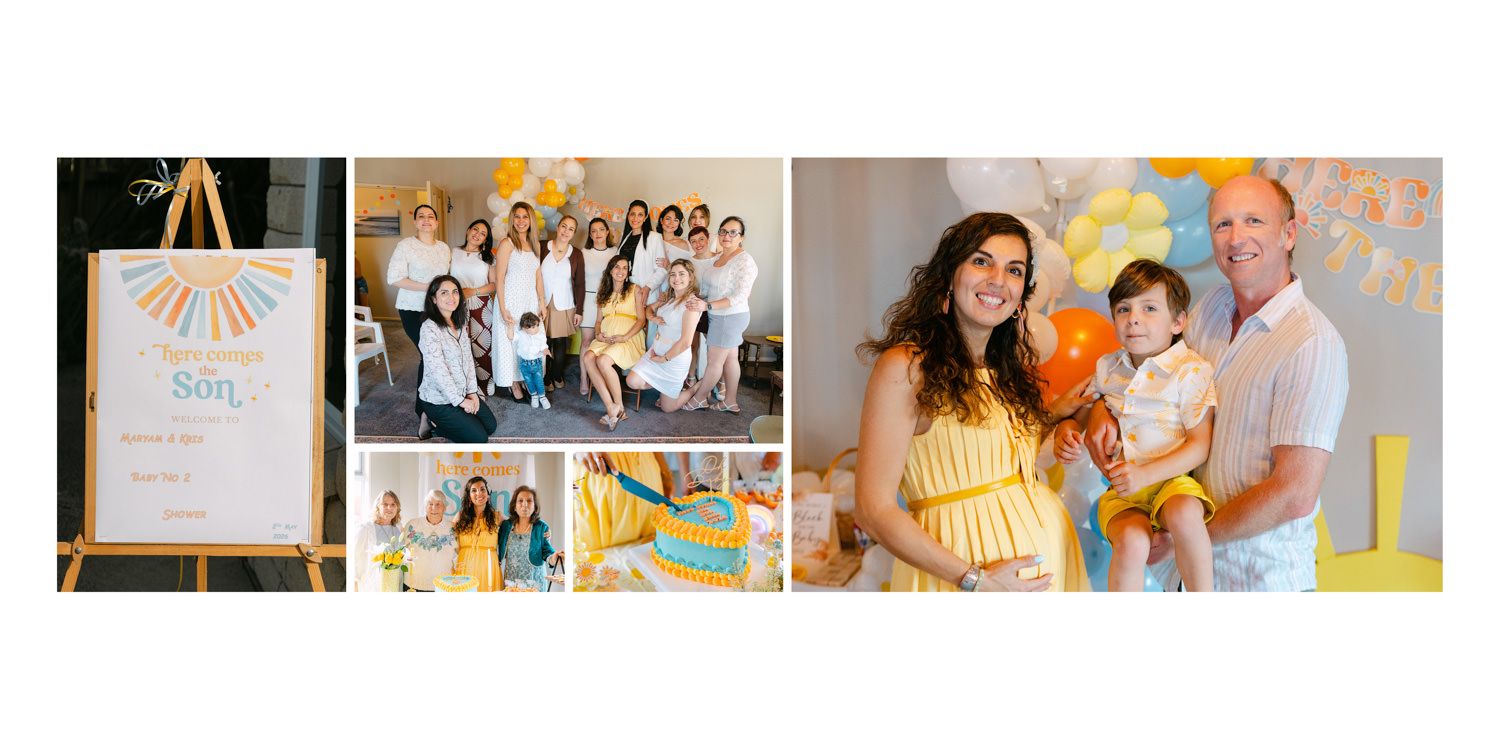 Baby shower celebration collage featuring group photo, guests in white, and family with baby boy amid yellow balloon decor.