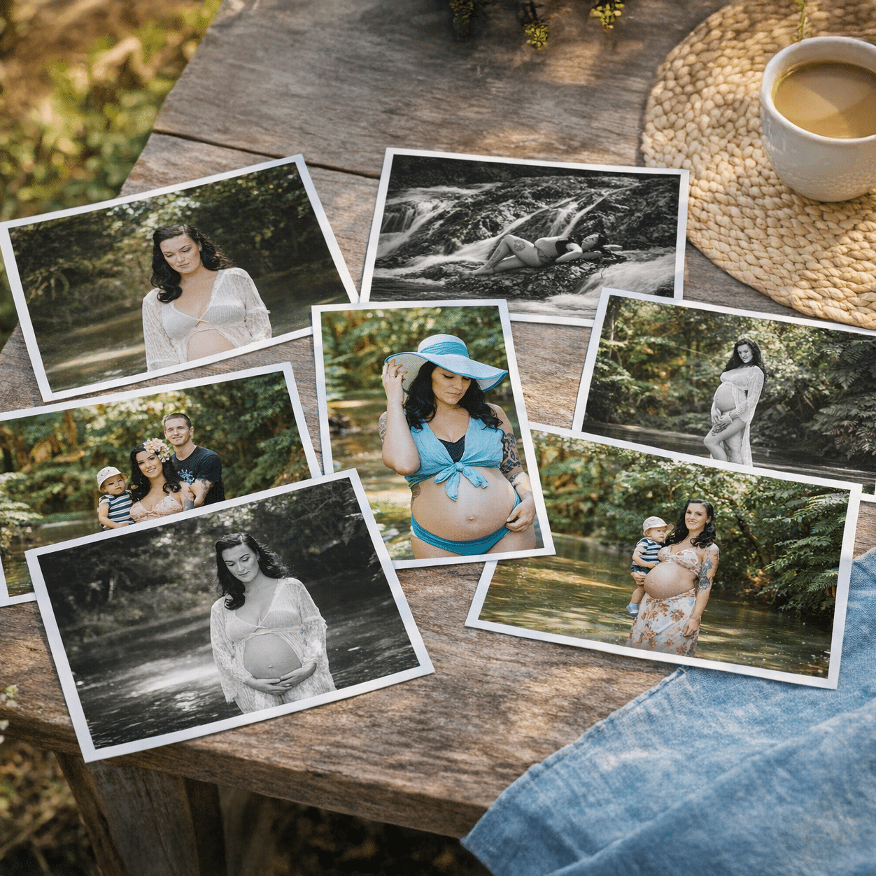 A collection of maternity photos spread on a rustic wooden table outdoors, featuring a pregnant woman in various poses.