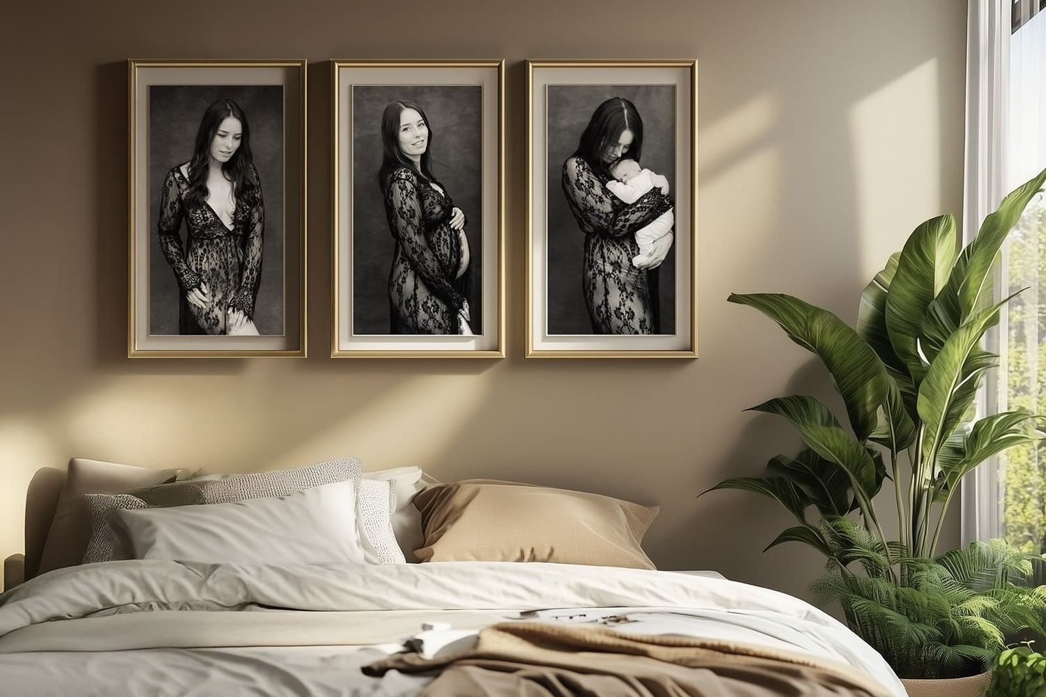 Modern bedroom interior with three framed black and white fashion portraits above bed, neutral bedding, and tropical plant decor.