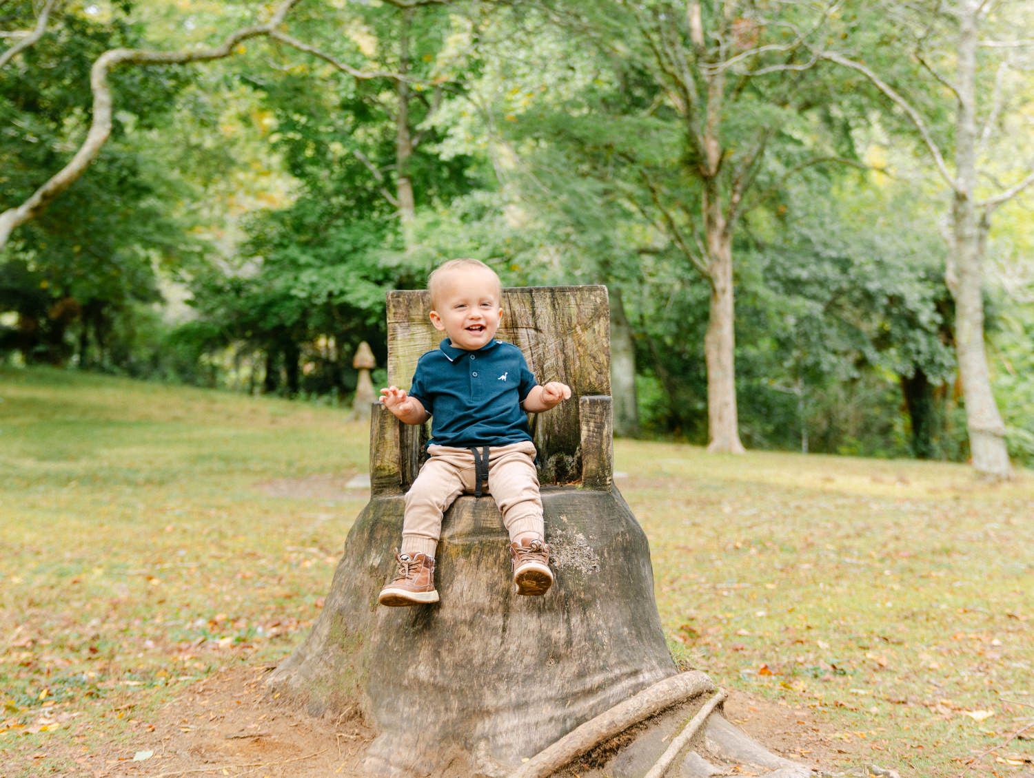 Smiling toddler sitting on a large tree stump chair in a lush green park setting.
