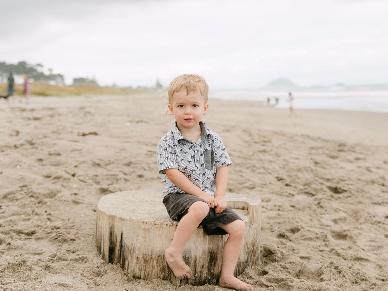 A young blonde toddler boy sits barefoot on a tree stump on a sandy beach on a cloudy day.