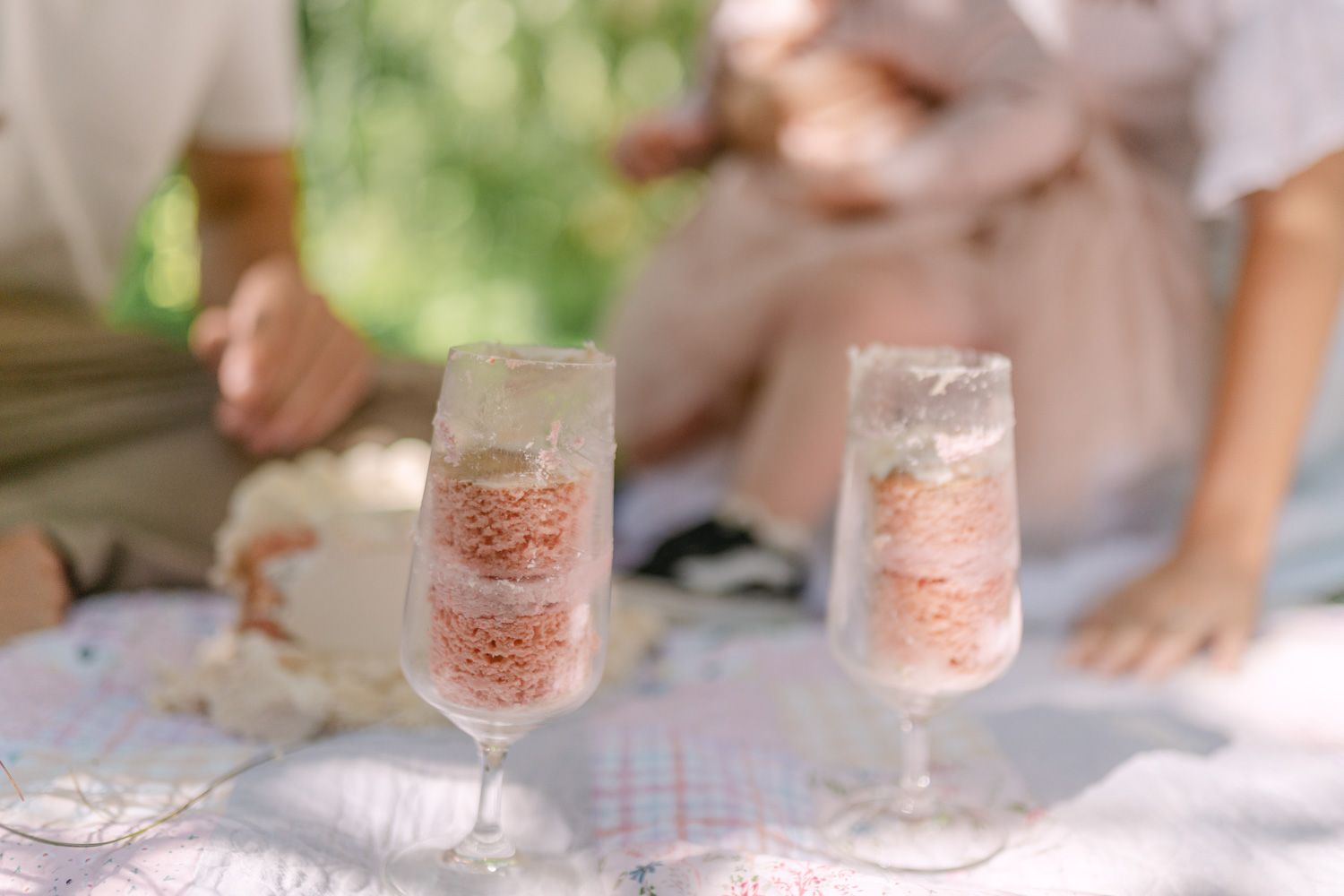 Two elegant champagne flutes filled with pink ice cream desserts on a picnic blanket outdoors.