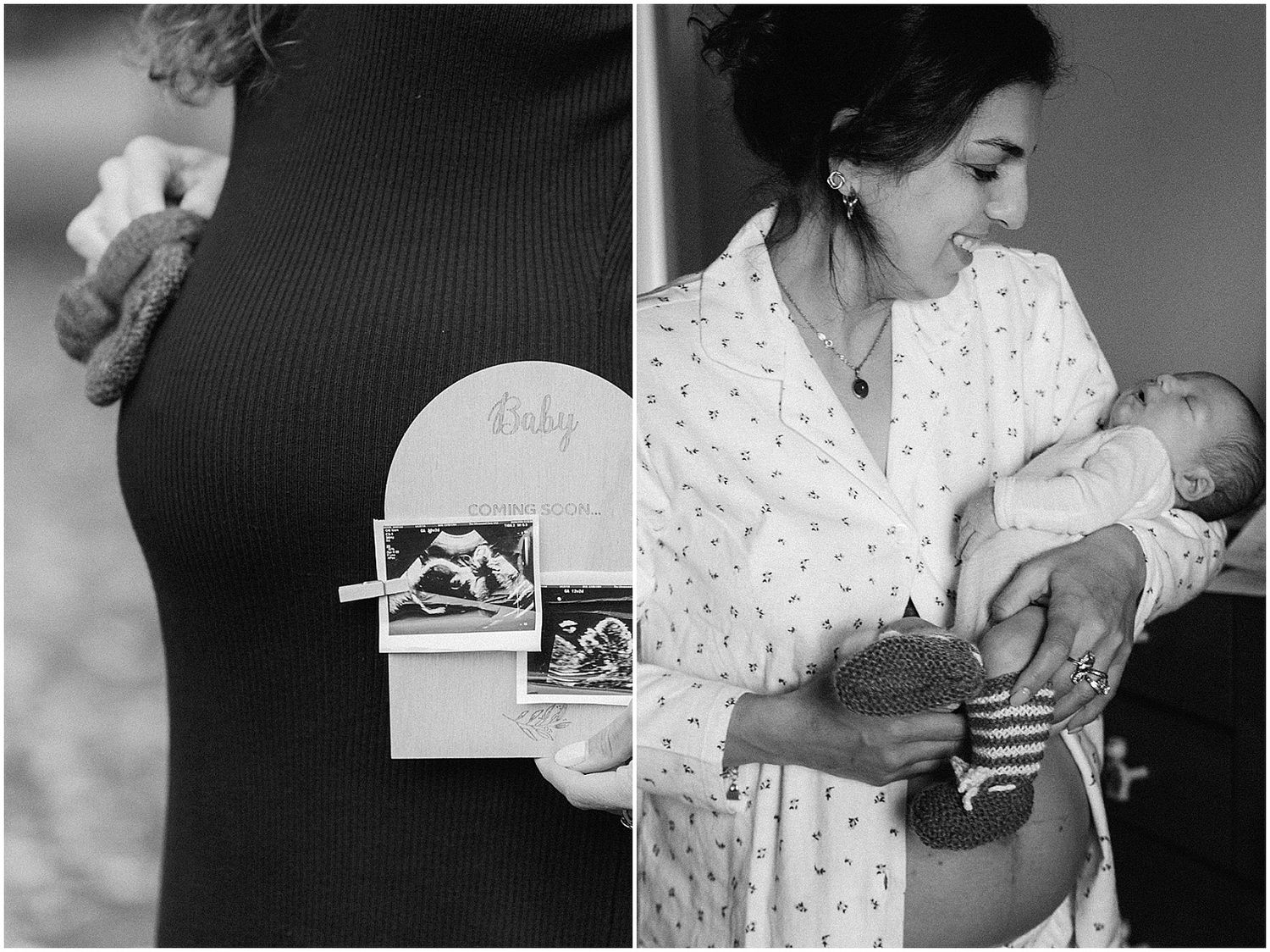 Black and white maternity photo diptych showing pregnancy ultrasound photos and mother holding newborn baby.