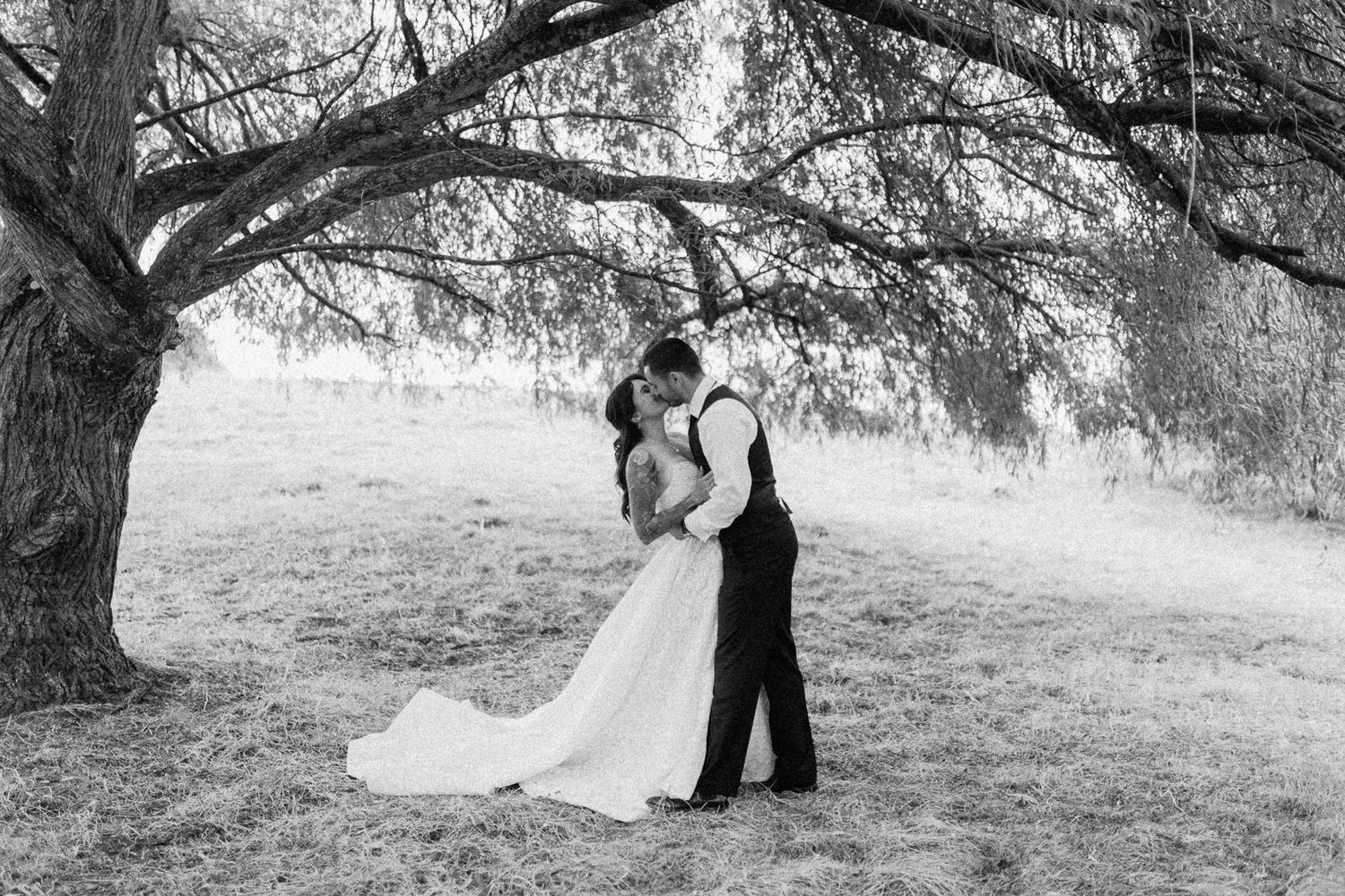 Black and white photo of a bride and groom sharing a kiss under a large tree on their wedding day.