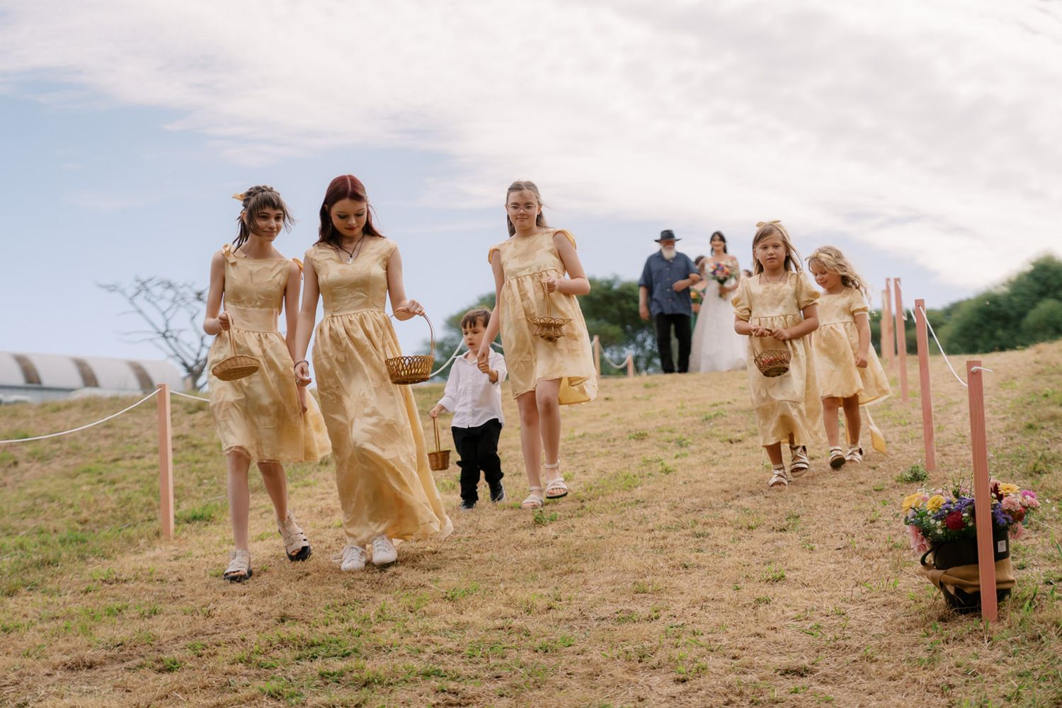 Bridesmaids in yellow dresses walk down a grassy hill with flower girls during an outdoor wedding ceremony.