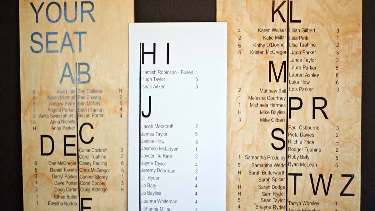 Wedding seating chart on wooden boards with alphabetical sections listing guest names for table assignments.