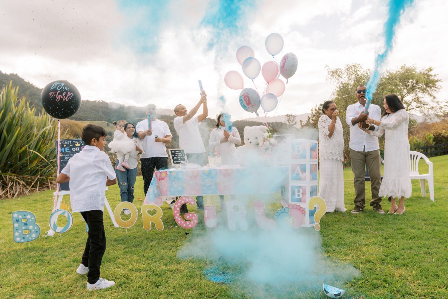 A joyful gender reveal party outdoors with blue smoke, colorful balloons, and excited guests celebrating on a green lawn.