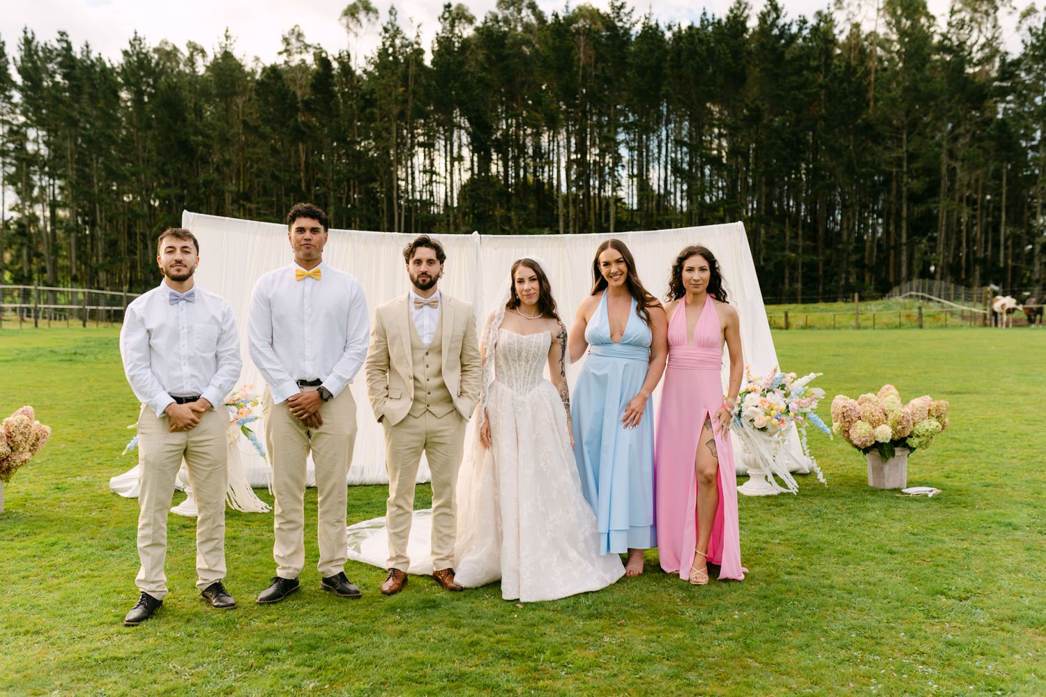 Wedding party posing outdoors on green lawn with pine trees, bride in white gown flanked by groomsmen and bridesmaids.