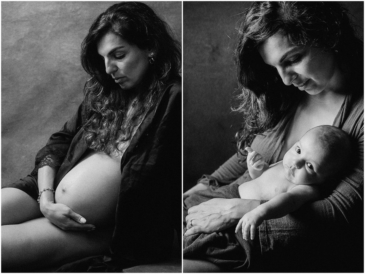 Black and white maternity diptych showing pregnant woman cradling belly and mother tenderly holding newborn baby.