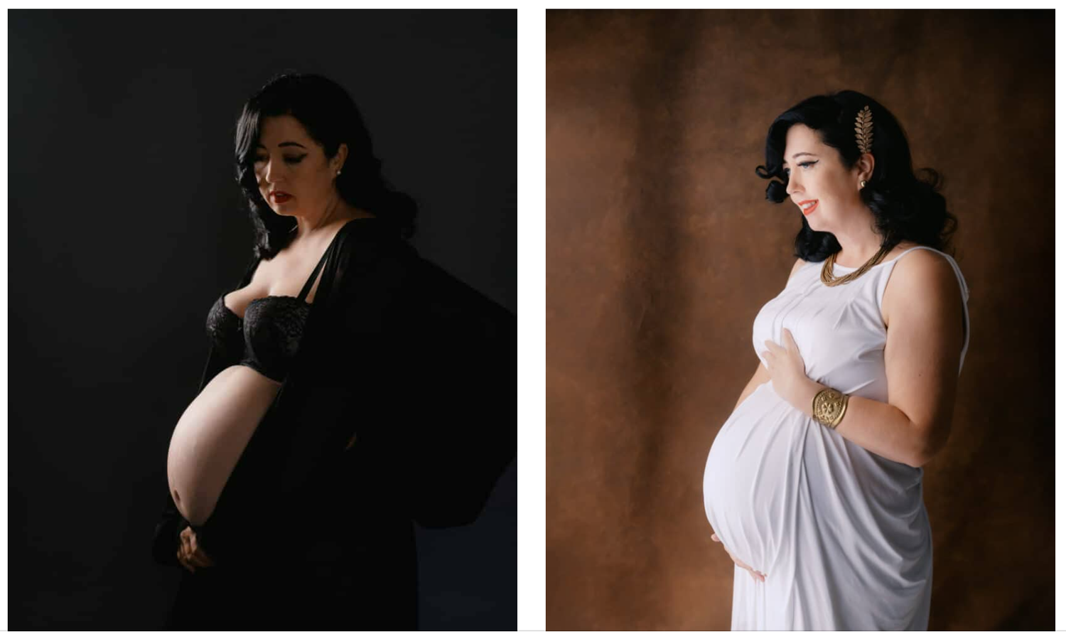 Elegant pregnant woman in black lingerie and blazer poses beside a white-draped maternity portrait in a professional studio.