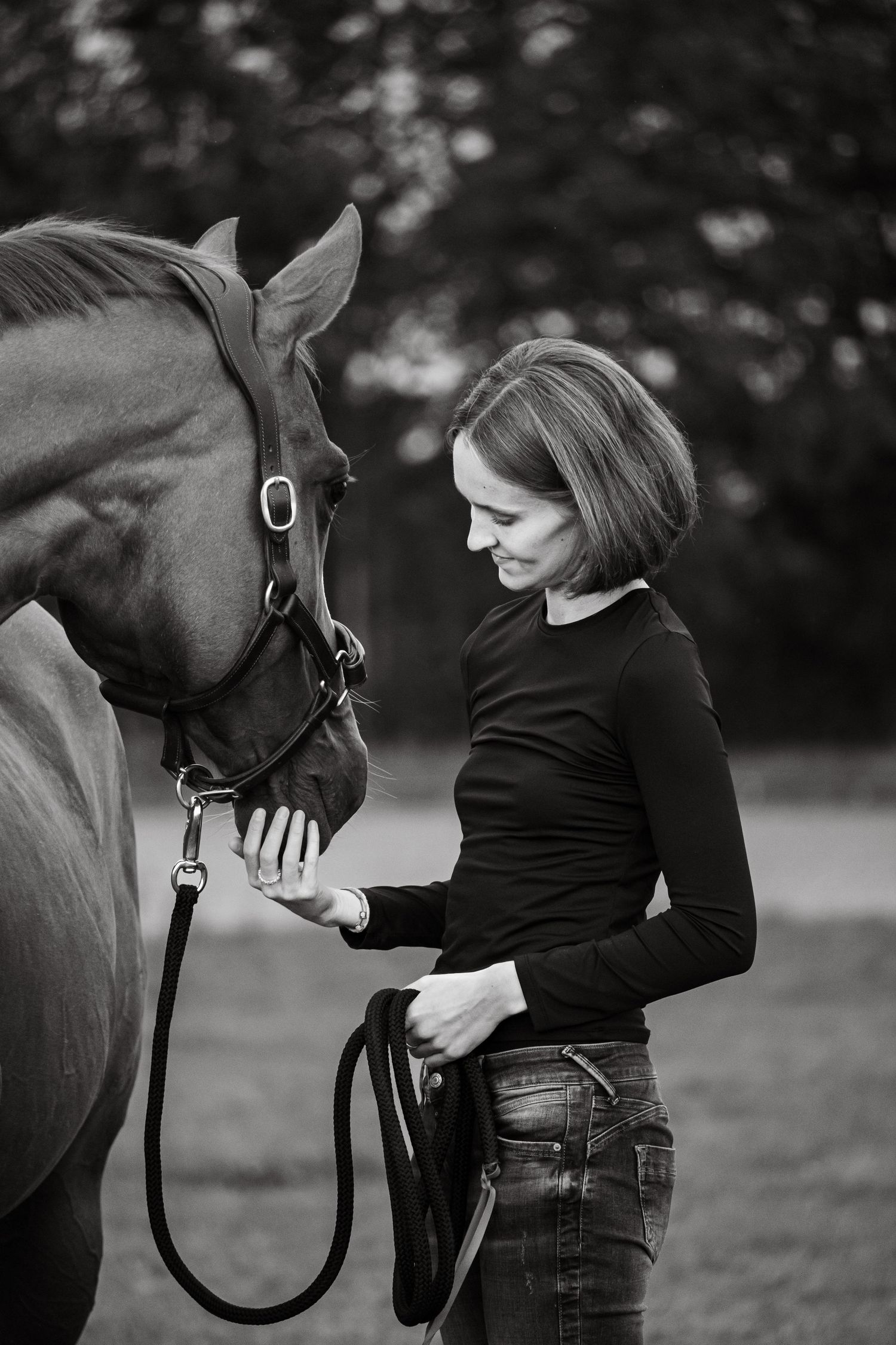 Pferdebesitzerin mit ihrem Pferd auf der Wiese.