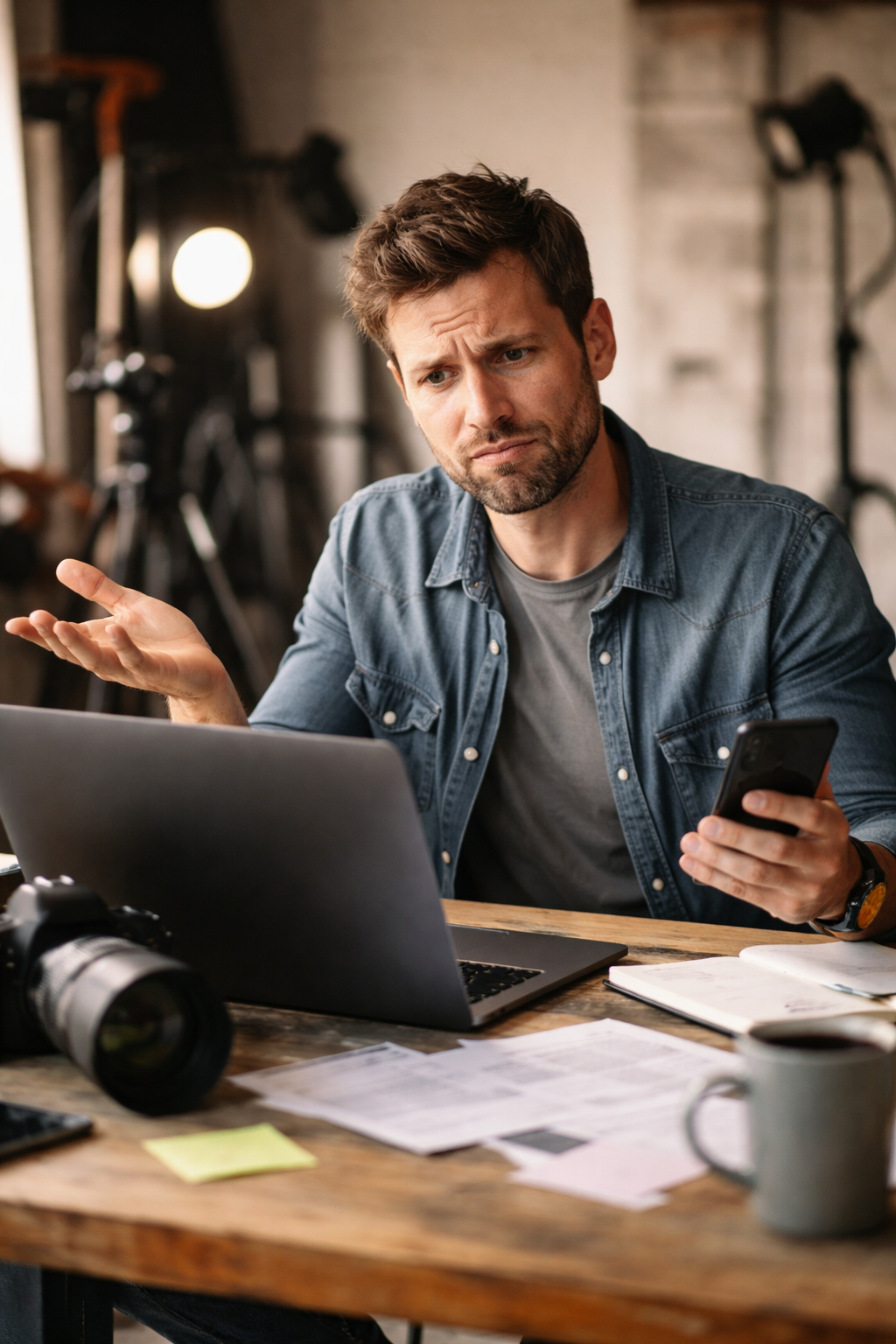 Ai generated image of a man sitting at a desk staring at a computer and looking puzzled.