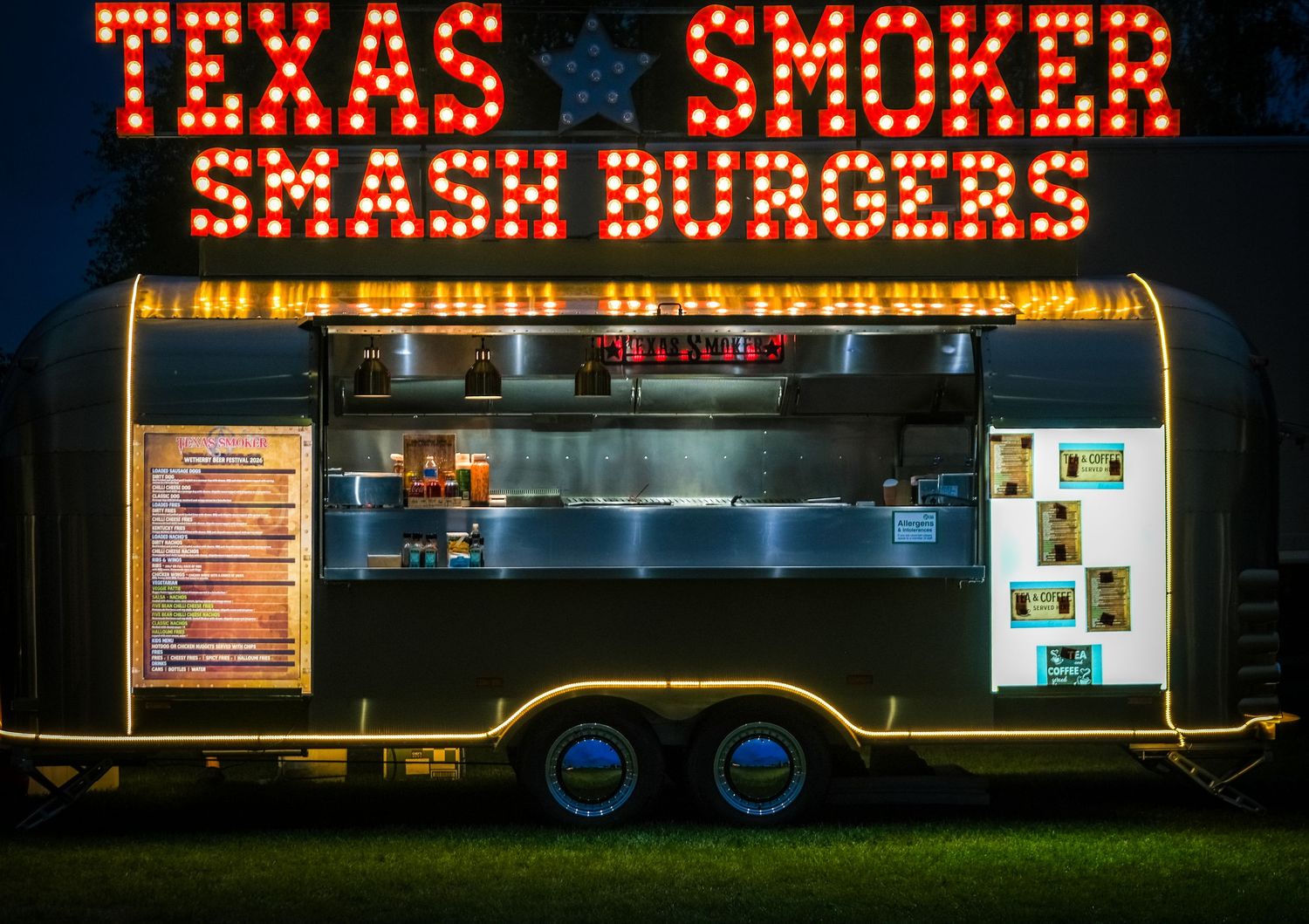 Professional photography by Simon Robertson showing a cool burger van at Wetherby beer festival shot at night