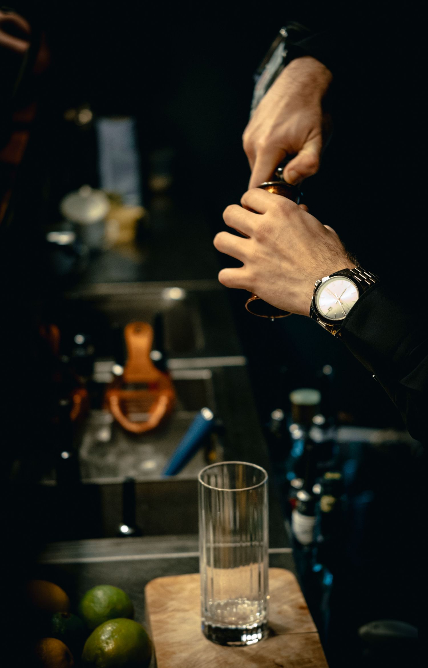 A sommelier pours an after dinner liqueur in a fine dinning Yorkshire restaurant.