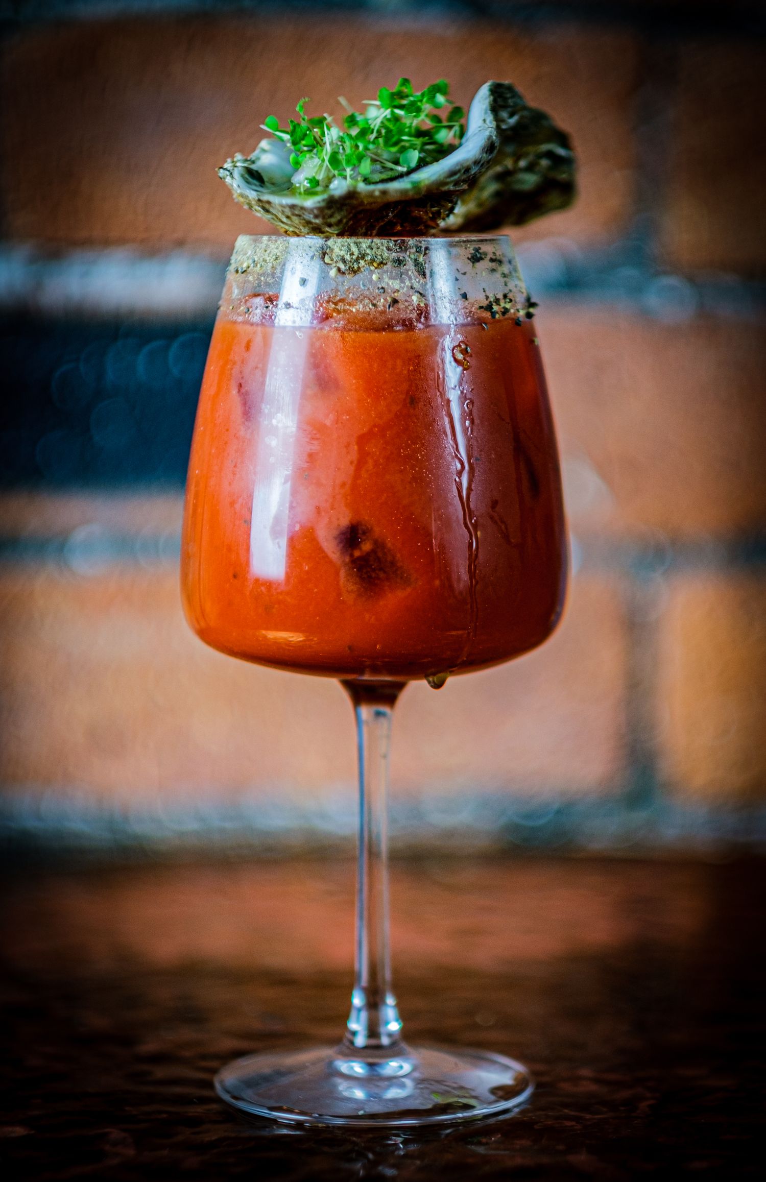 Bloody Mary cocktail in a Leeds City Centre wine bar, styled to highlight texture and presentation