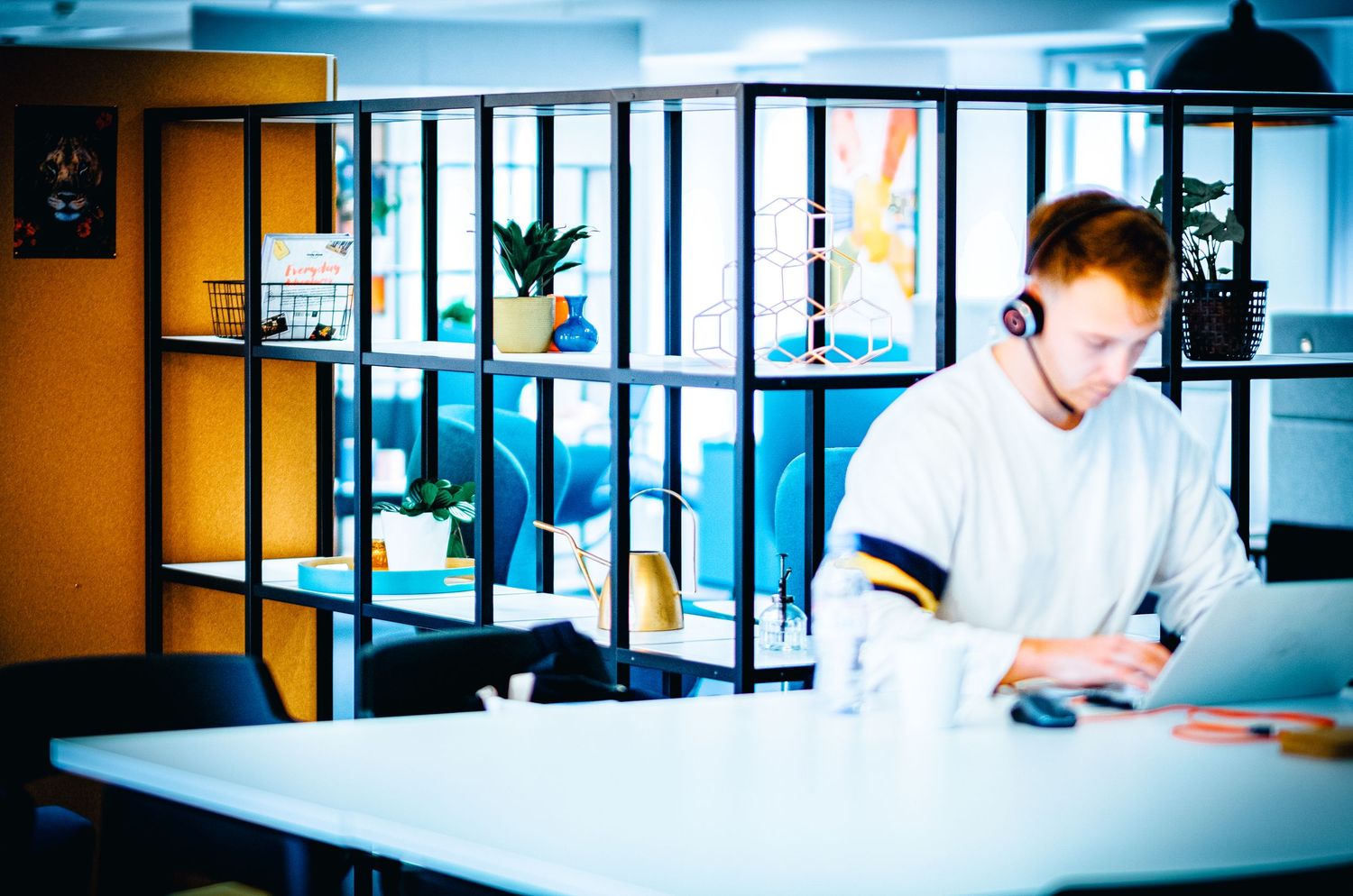 Modern office workspace showing an office worker at his desk which sits in front of a fashionable bookcase