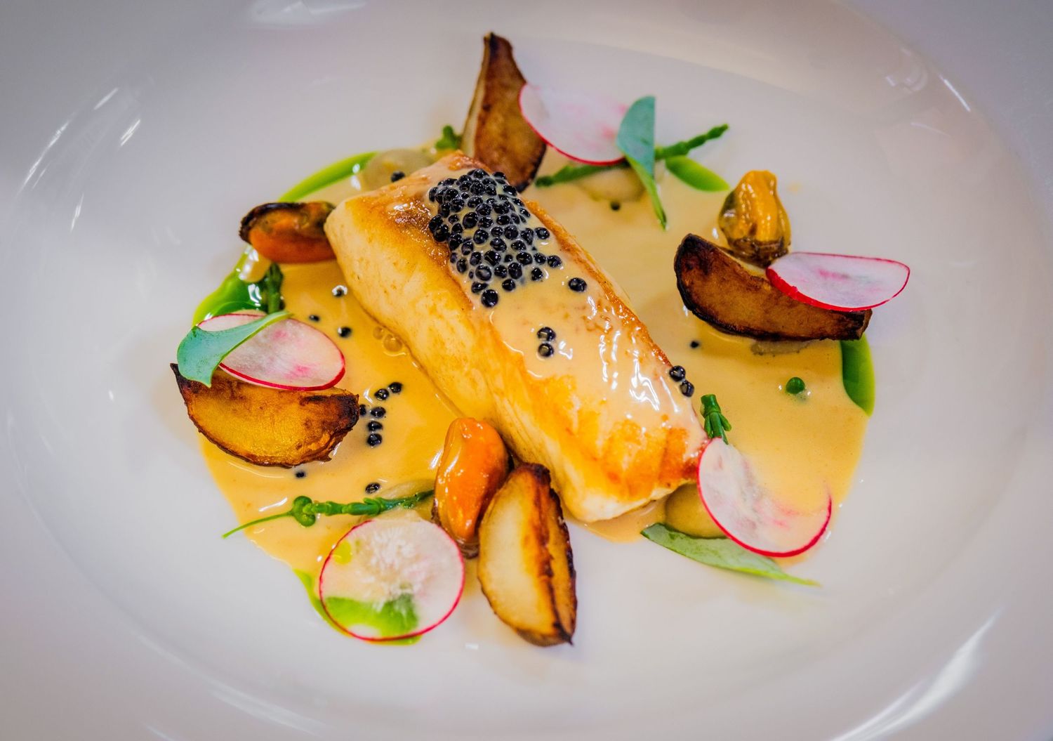 A beautifully plated gourmet fish dish features a perfectly seared, golden-brown white fish fillet in a rich creamy sauce