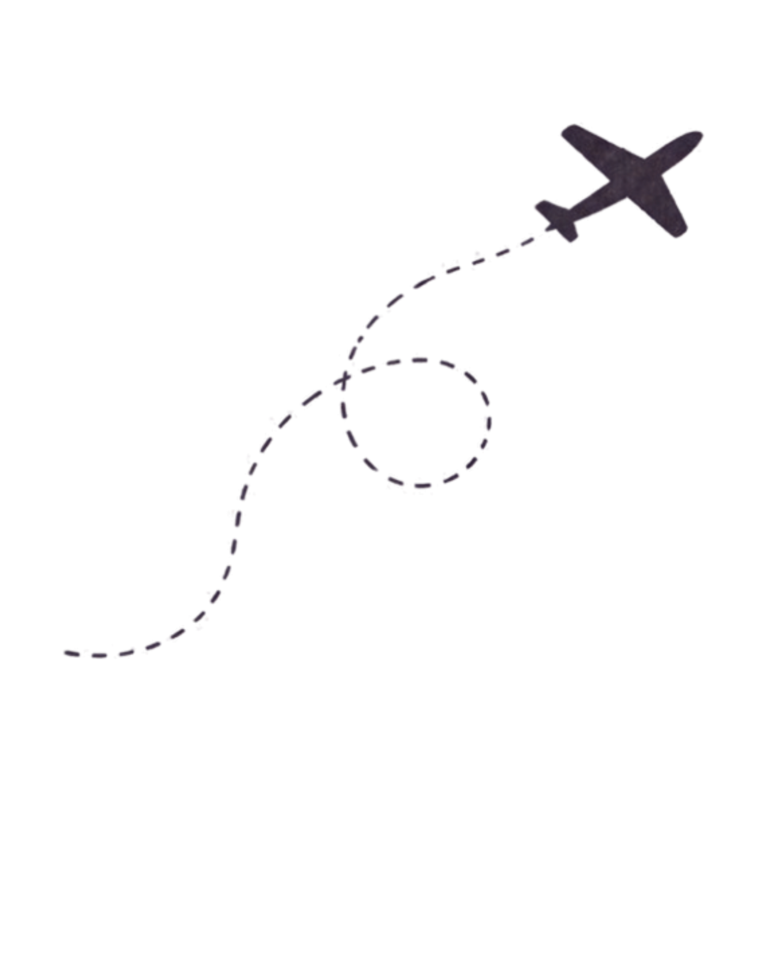 Dark silhouette airplane icon with dashed loop flight path on white background.