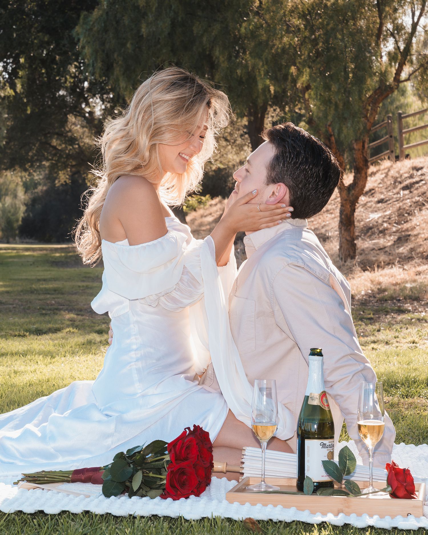 A couple shares a romantic picnic on a lawn with champagne and red roses outdoors.