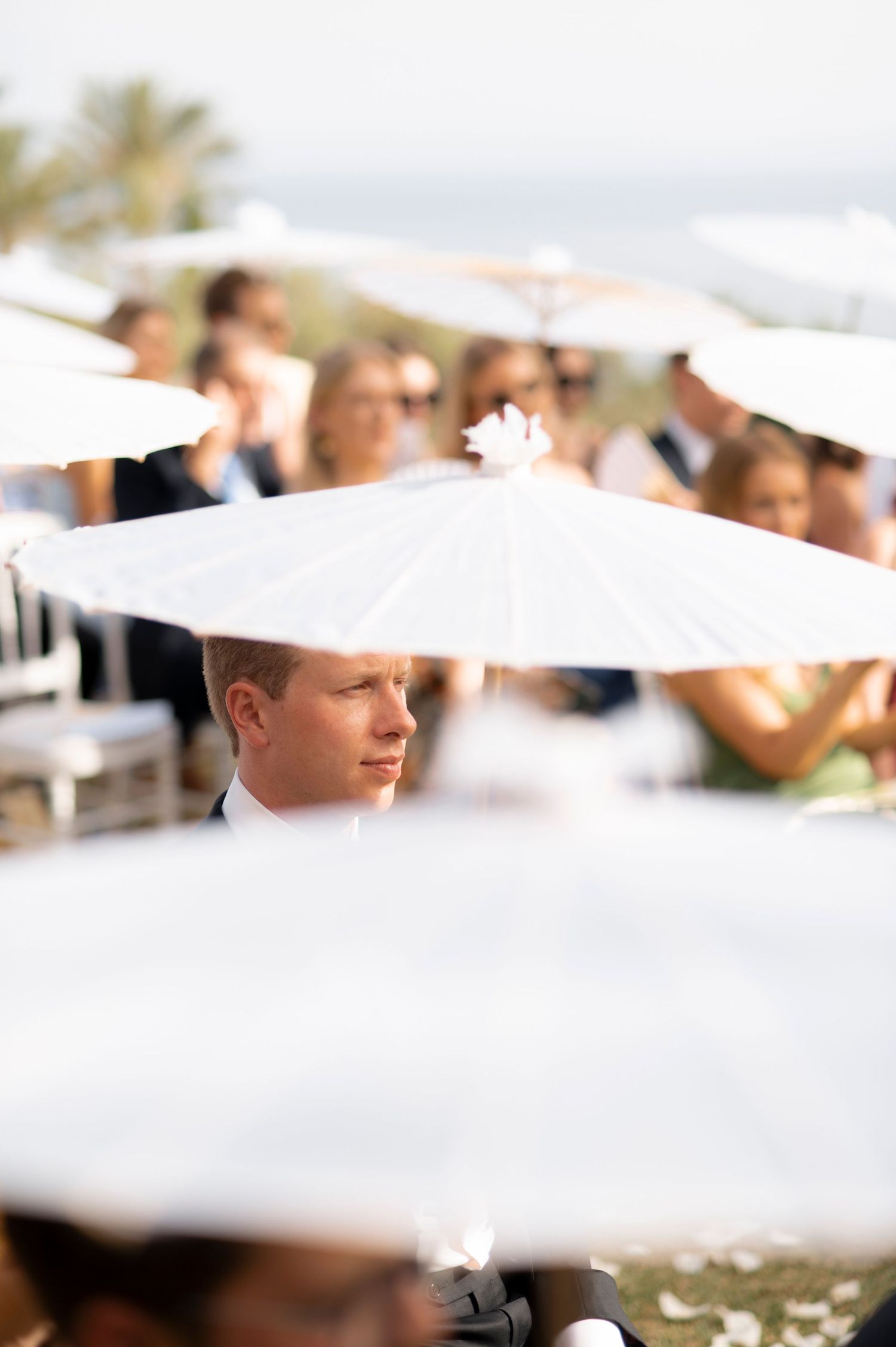 Wedding guests seated outdoors beneath white paper parasols, with a man in a suit gazing sideways and palm trees softly blurred behind.
