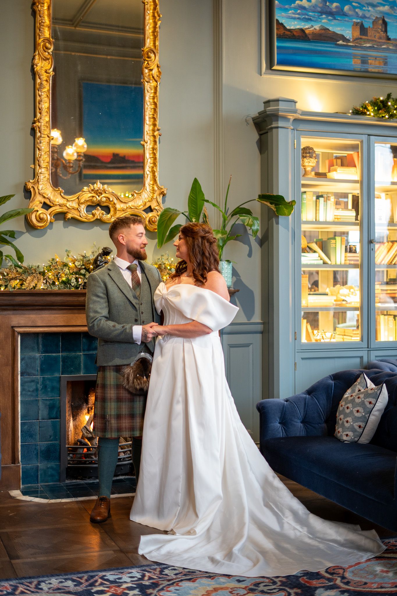Couple at fireside, Glasgow wedding photographer, Scotland, natural and emotional wedding photography capturing intimate connection