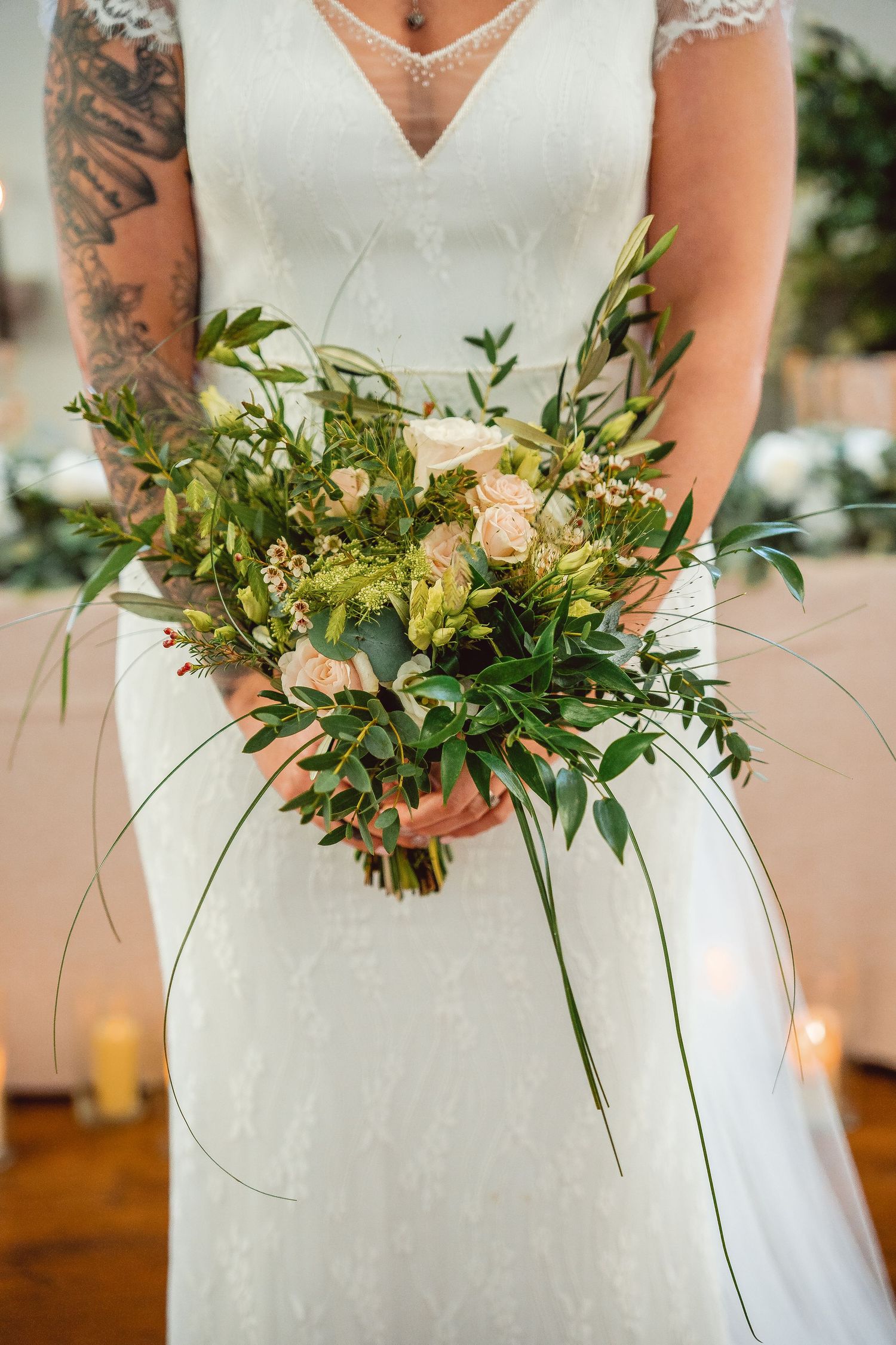 Close up of Bride holding her bouquet
