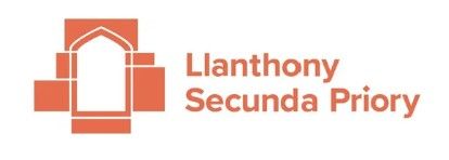 Llanthony Secunda Priory logo in terracotta orange featuring an archway and cross design.