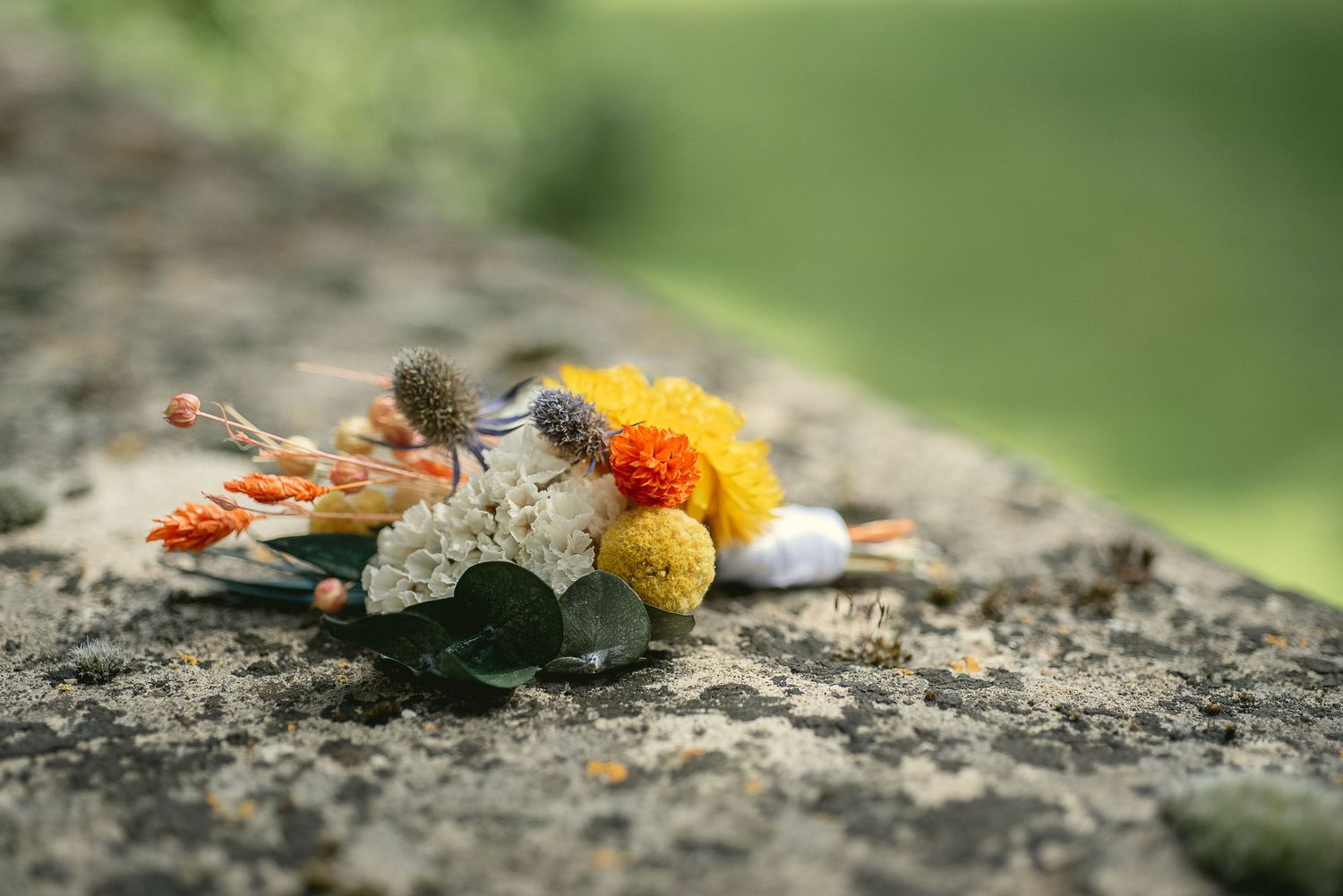 Artistic close-up of dried flowers and decorative elements on stone surface.
