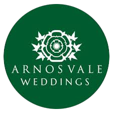 Arnos Vale Weddings logo featuring a white floral emblem on a dark green circular background.