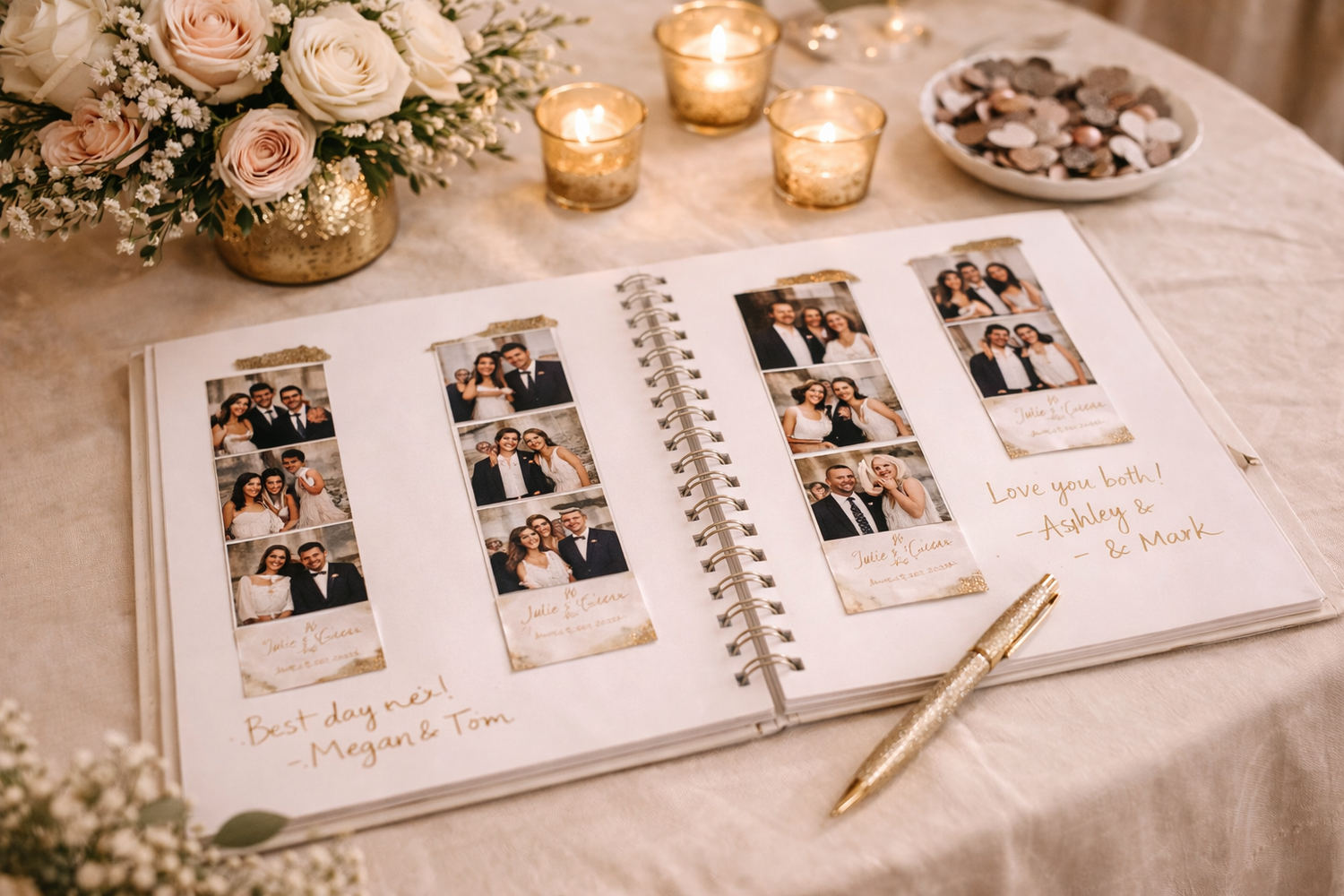 A wedding guestbook with photo strips lies open next to roses and glowing candles on an elegant table setting.