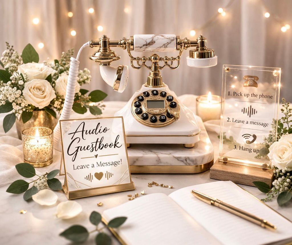 Elegant wedding decor featuring a guestbook, white roses, and vintage-style gold accents illuminated by string lights.