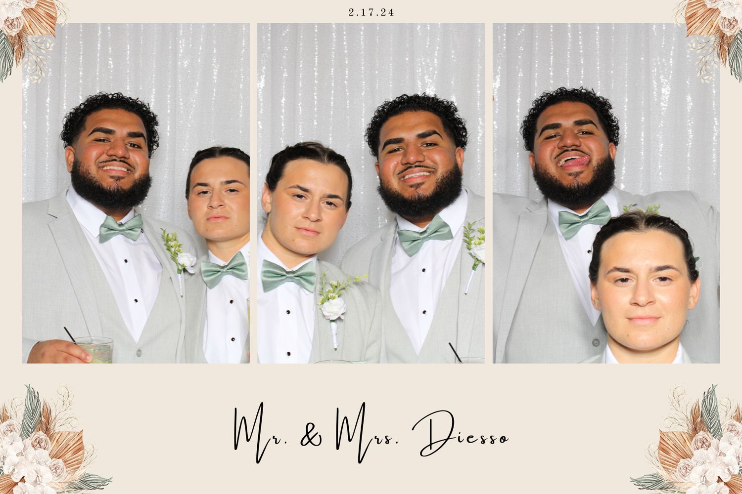 A wedding photo collage showing groomsmen in black tuxedos and white bowties posing together in formal portraits.