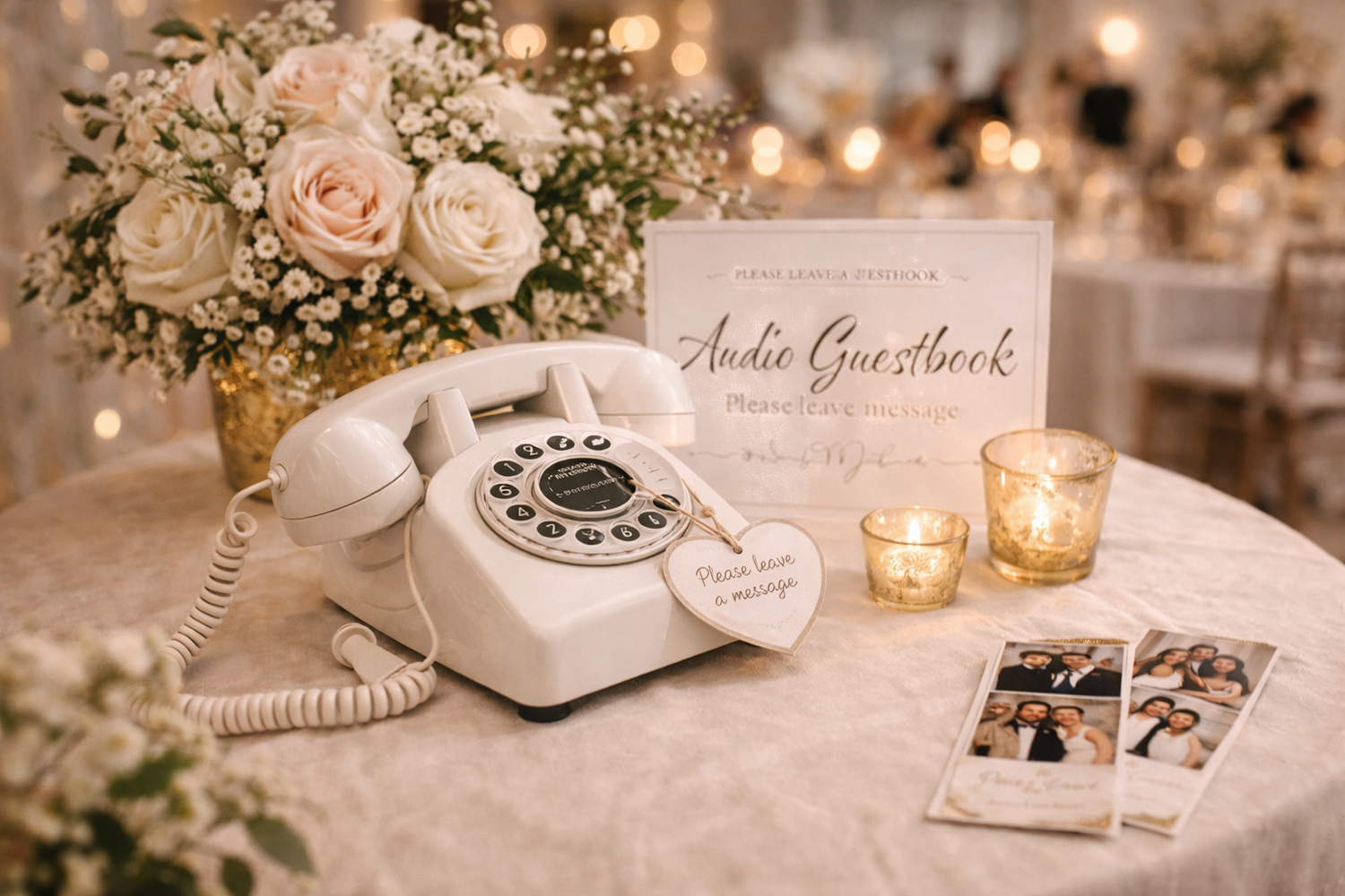 Elegant wedding reception details with soft pink roses, glowing candles, and vintage decor elements on white tablescapes.