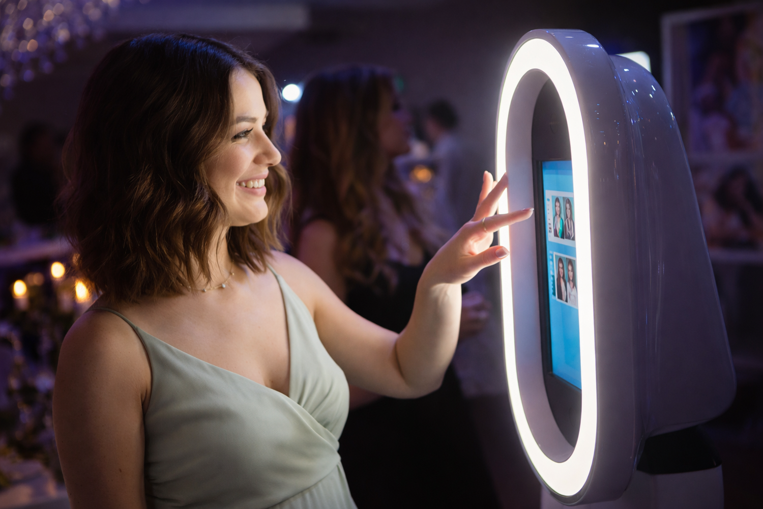 Woman smiling while interacting with a glowing oval photo booth touchscreen at an elegant event.