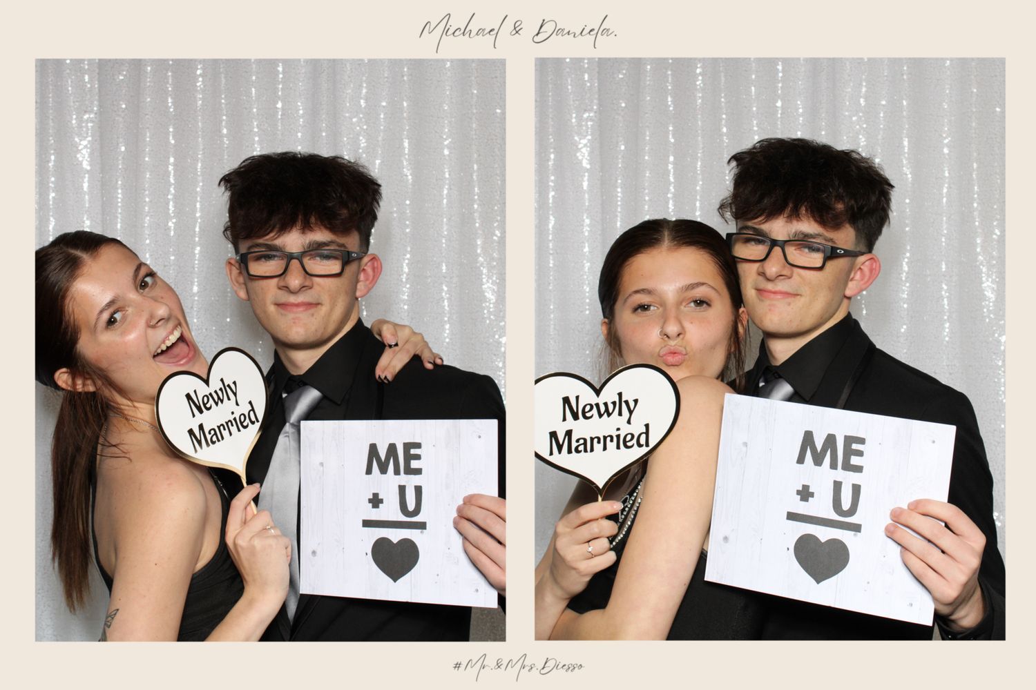 Fun photo booth sequence with props and signs at wedding celebration.