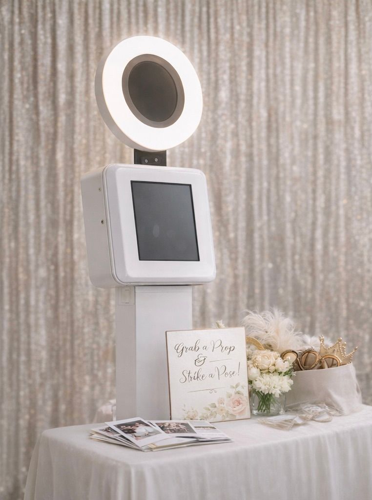 Modern white photo booth setup with digital display against a silver sequin backdrop.