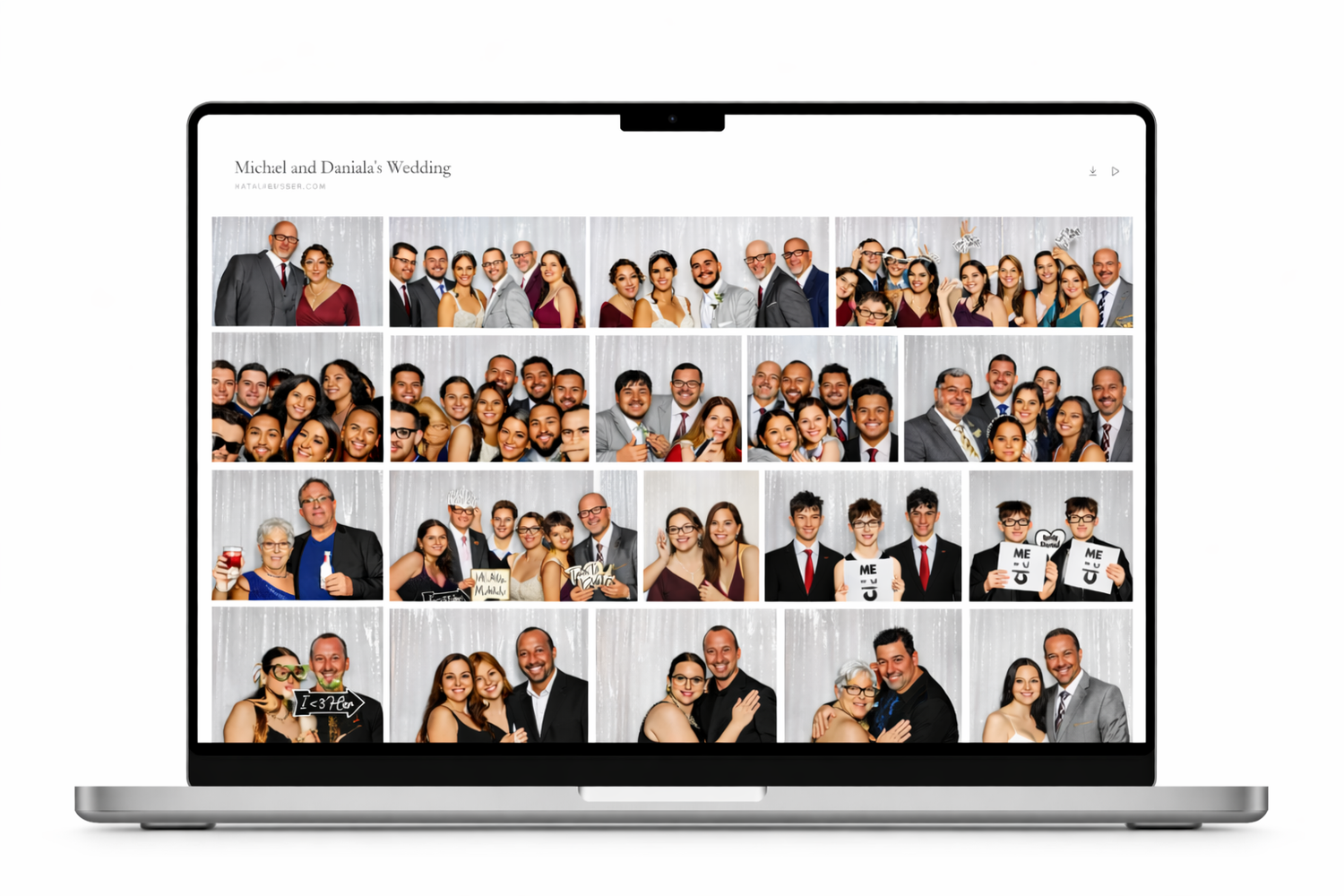 A laptop displaying a wedding photo booth gallery with multiple group photos of guests posing and celebrating.