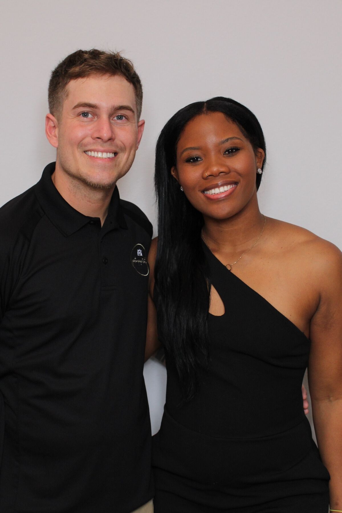 Photo booth style series showing couples in black attire posing together against a light background.