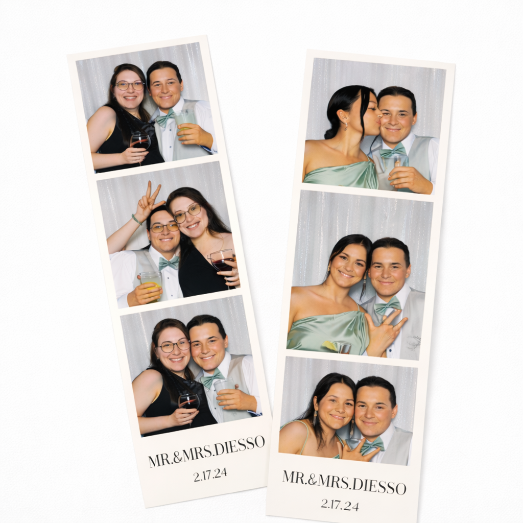 Wedding photo booth strip for Mr. & Mrs. Diesso dated 2.17.24 featuring couples posing and smiling together.