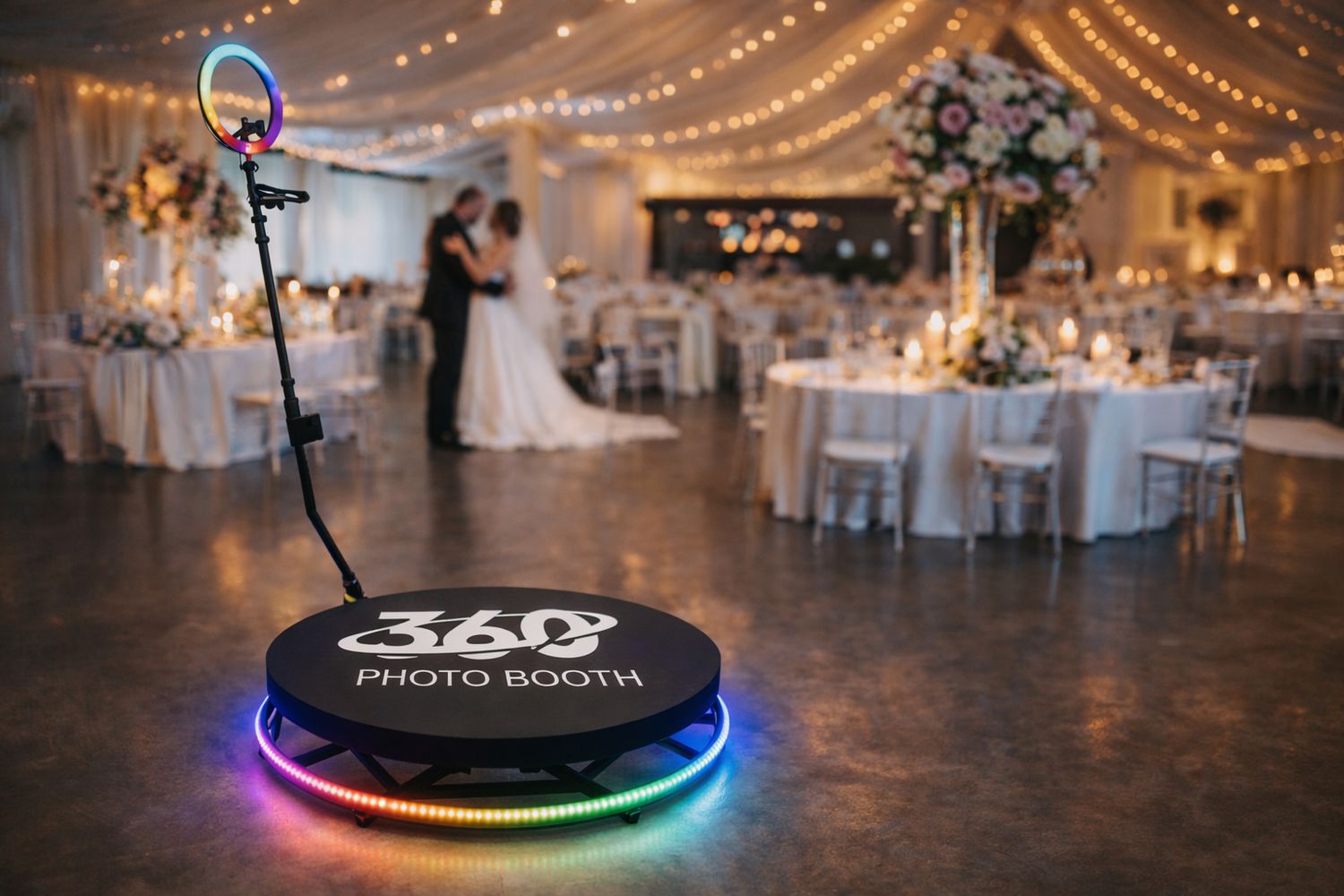 A 360 photo booth device with LED lights sits on a dance floor at a wedding reception with twinkle lights overhead.