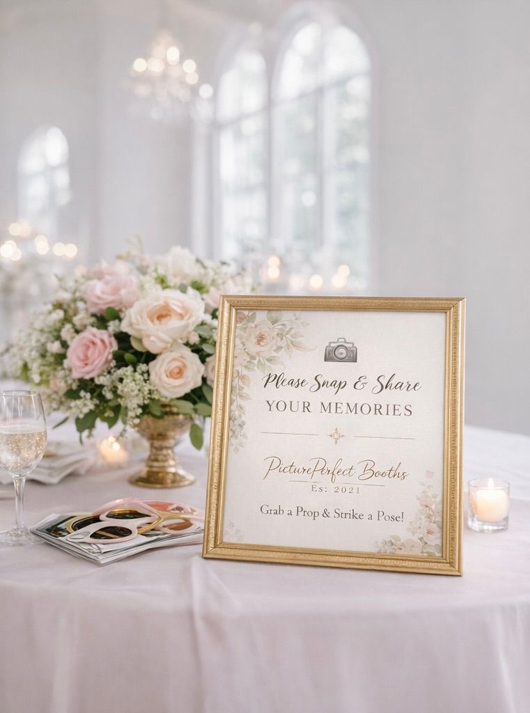 Elegant wedding signage with gold frames displaying photo booth instructions on a white tablecloth.