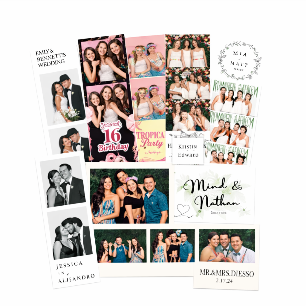 Collage of custom photo booth strips featuring wedding and birthday event photos with personalized text overlays and decorative designs.