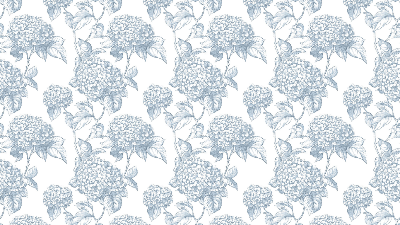 Blue and white toile floral wallpaper pattern featuring detailed hydrangea blooms and leaves in a classic vintage style.