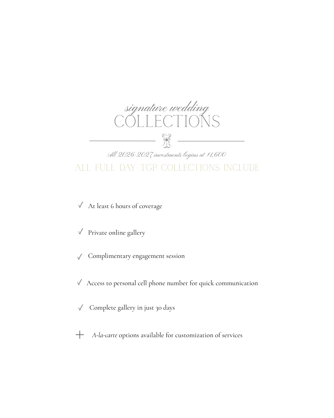 Signature wedding collections pricing guide listing full day coverage, online gallery, engagement session, and a-la-carte options.