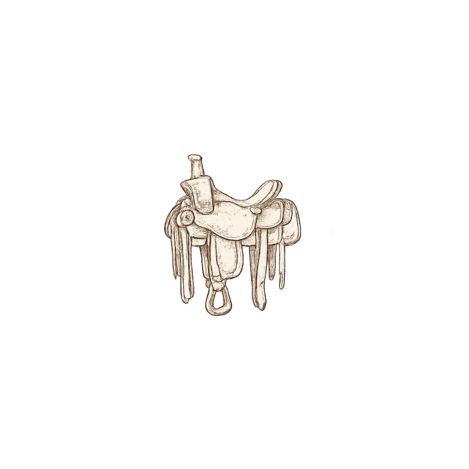 Detailed sketch illustration of a classic Western leather horse saddle with stirrups and fringed saddlebags.