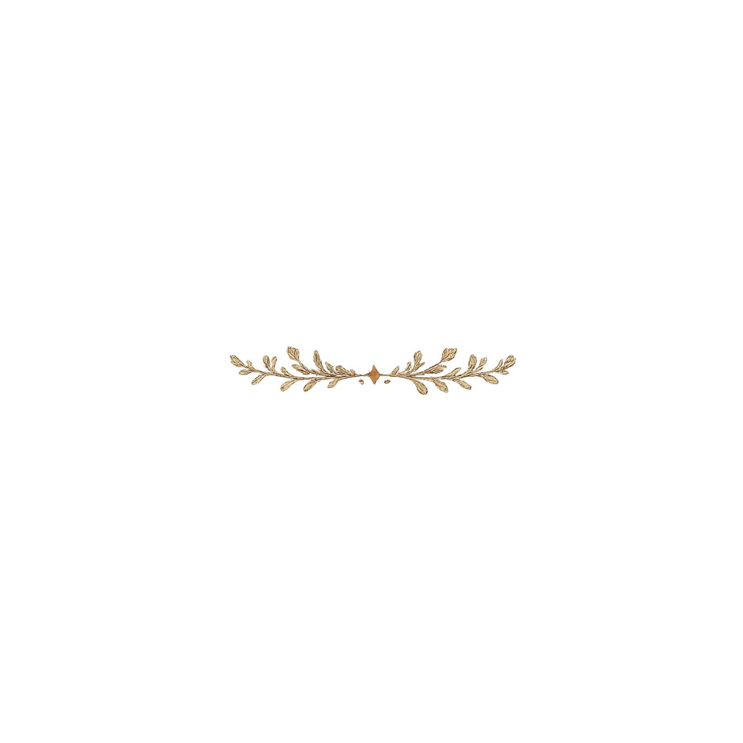 Gold decorative laurel branch divider with delicate leaves and small floral accents on white background.