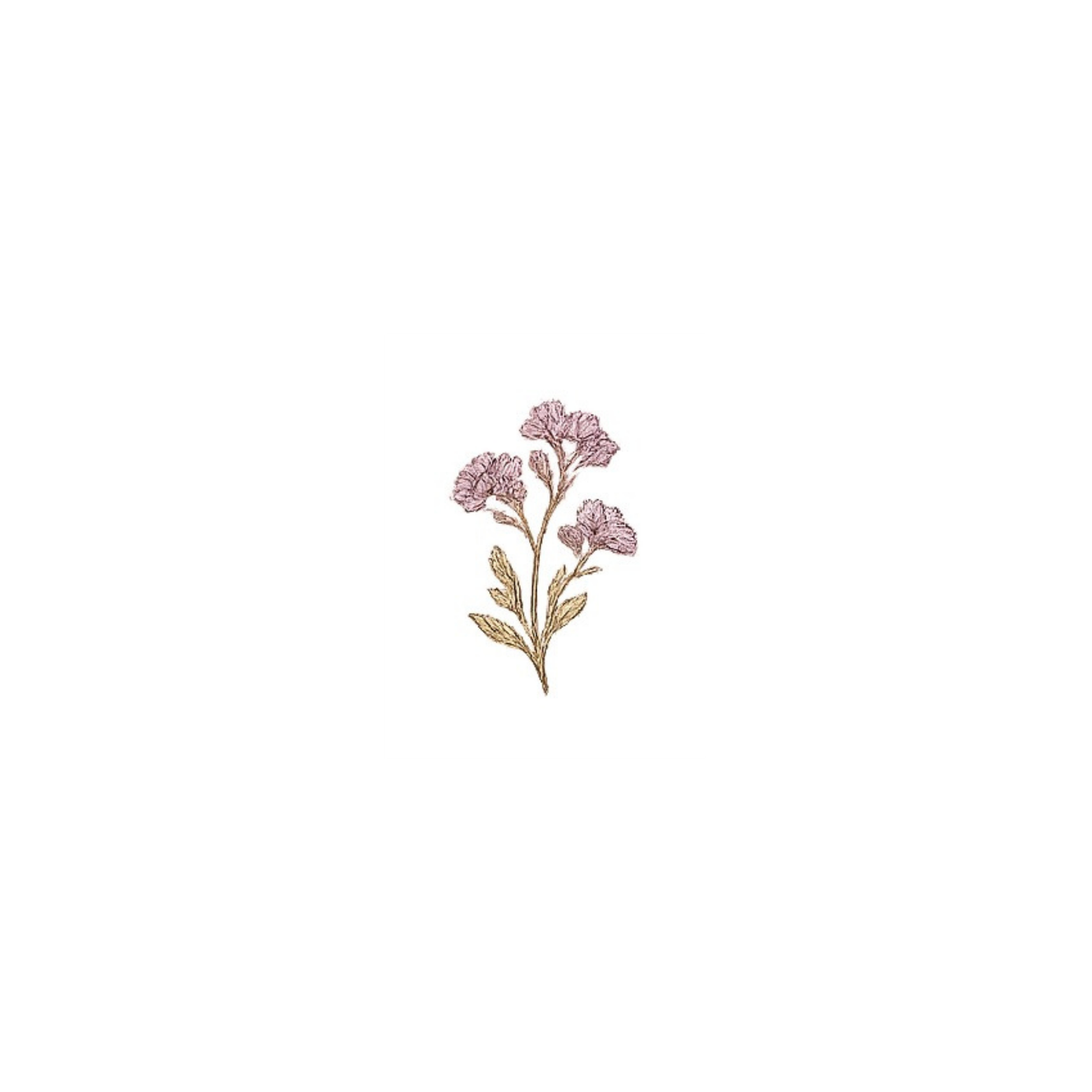 Delicate pink wildflower embroidery design with golden stem and leaves on white background.