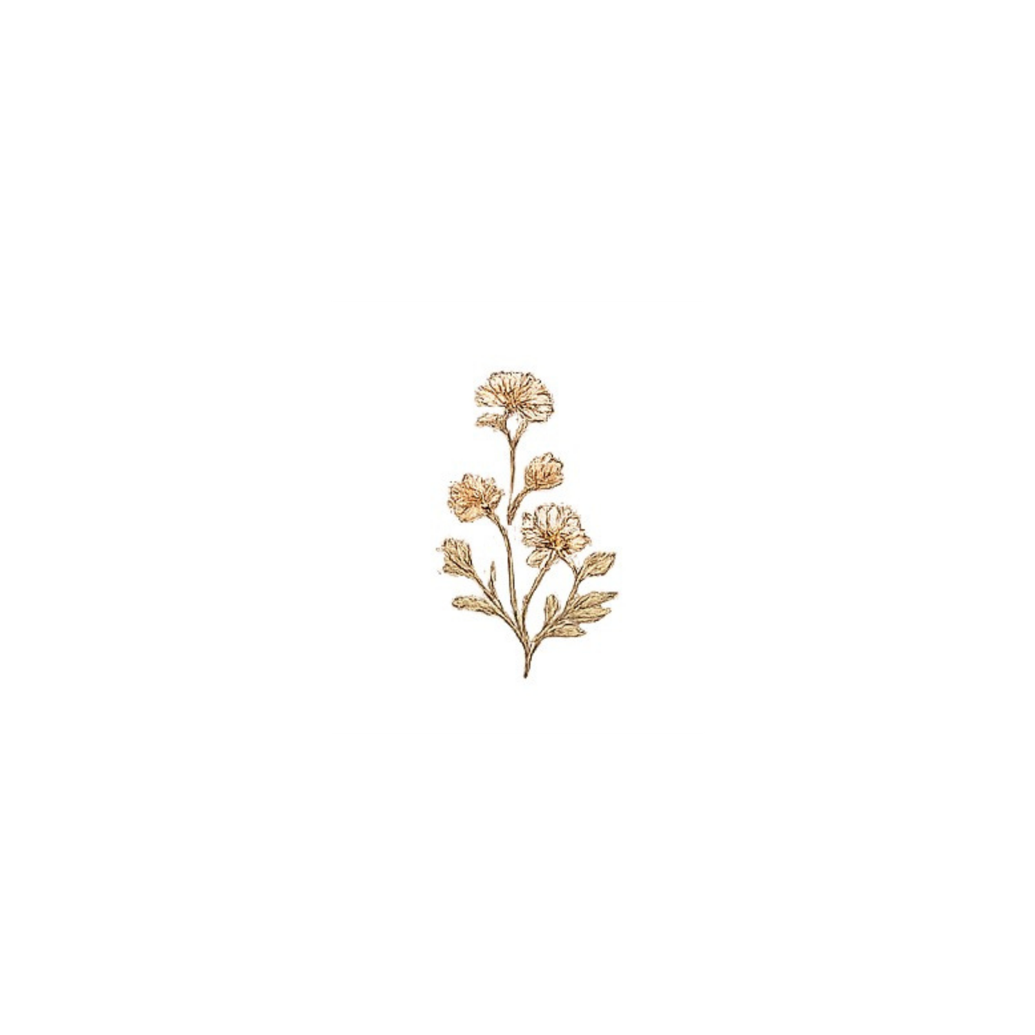 Delicate golden floral branch illustration with blooming flowers and leaves in antique gold tone.