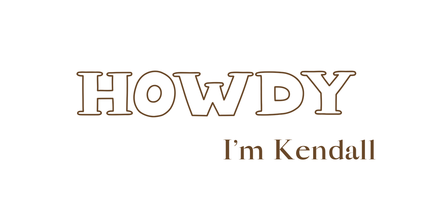 Howdy greeting text with western style font introducing photographer Kendall.