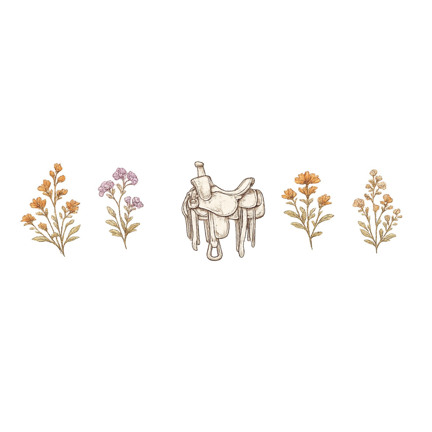 Western saddle surrounded by wildflowers and botanical sprigs in a delicate boho illustration style.